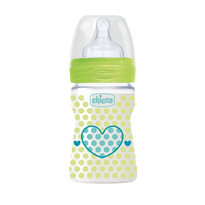 Chicco wellbeing 150ml baby bottle, silicone teat, green
