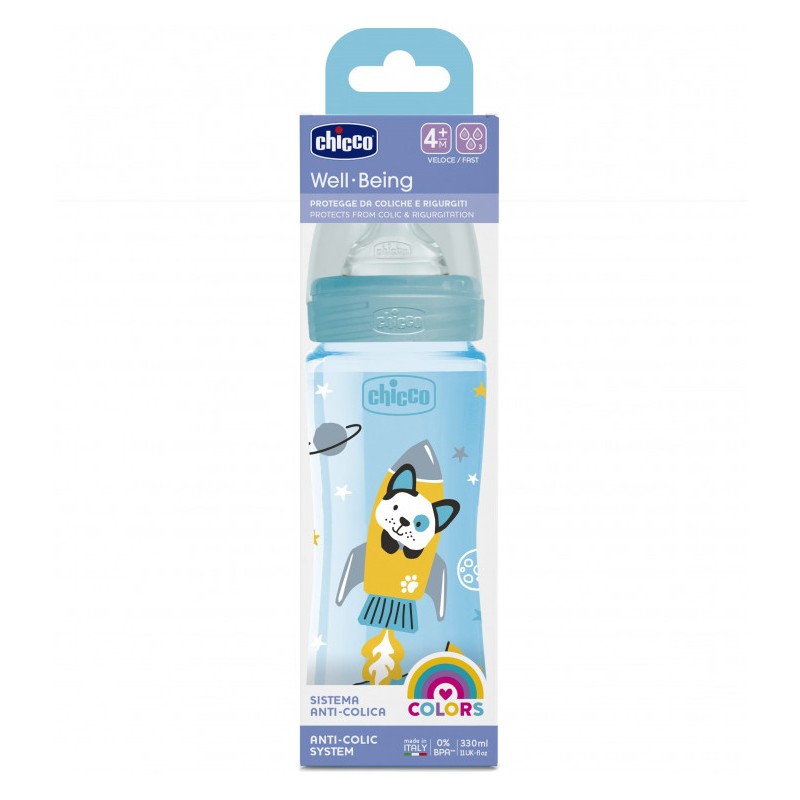 Chicco bottle plastic well being 330ml 4 + m silicone nipple blue