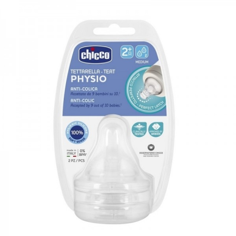 Chicco physio teat anti-colic silicone nipple food flow 2m +, 2 pieces