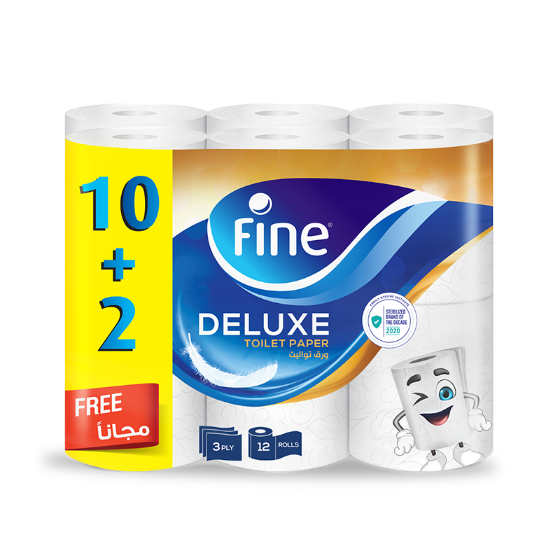 Fine, toilet paper deluxe, 150 sheets x3 ply (10+2 free) – pack of 12 rolls