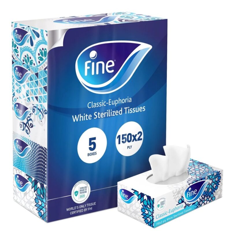 Fine, facial tissues, classic, 150×2 ply white tissues, pack of 4 boxes, 600 tissues